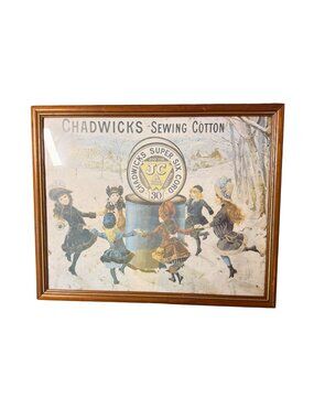 Vintage Chadwicks Sewing Cotton Framed Print With Children Illustration & Wooden